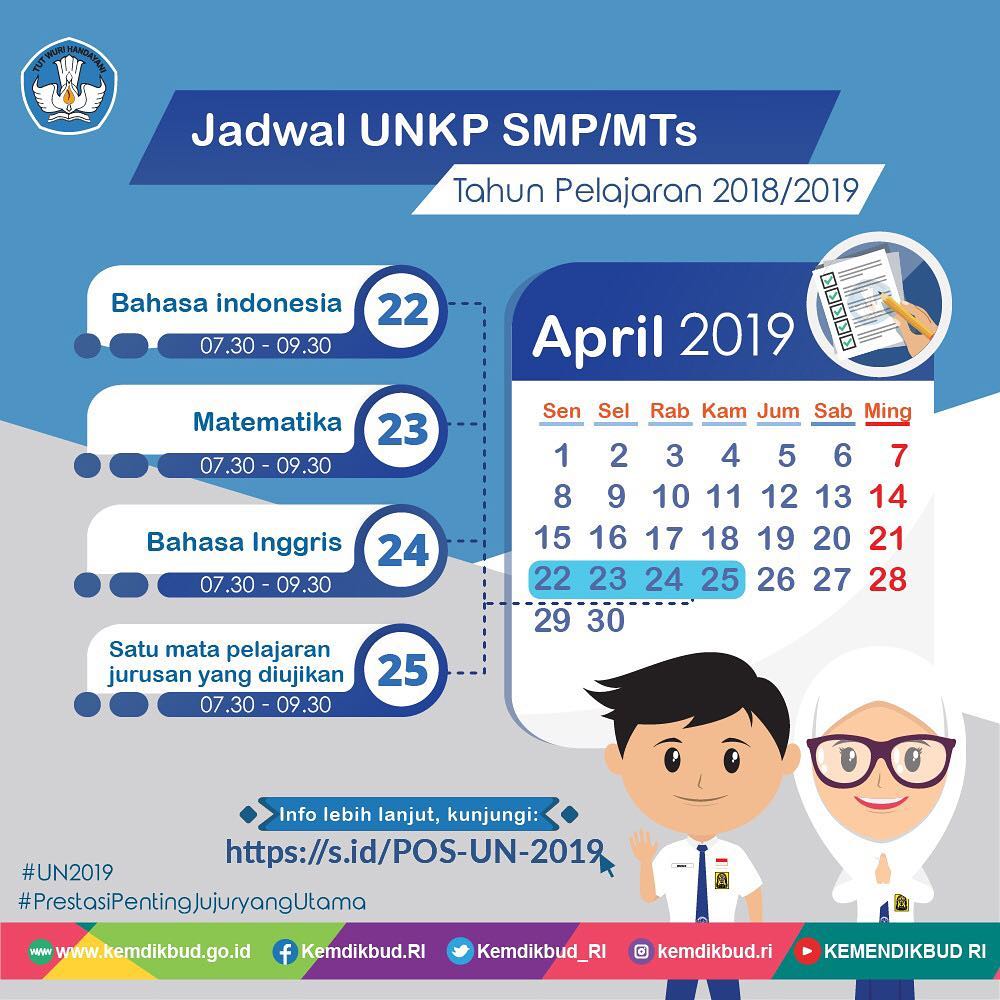 Jadwal Ujian Nasional Kertas dan Pensil SMP/MTs Tahun Pelajaran 2018/2019 - 20190320